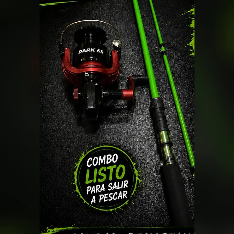 Combo caña 2 tramos de fibra 3 m + reel Dark 65