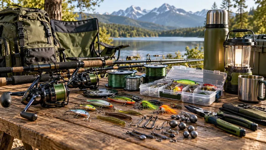 Equipo de pesca y camping junto a un lago